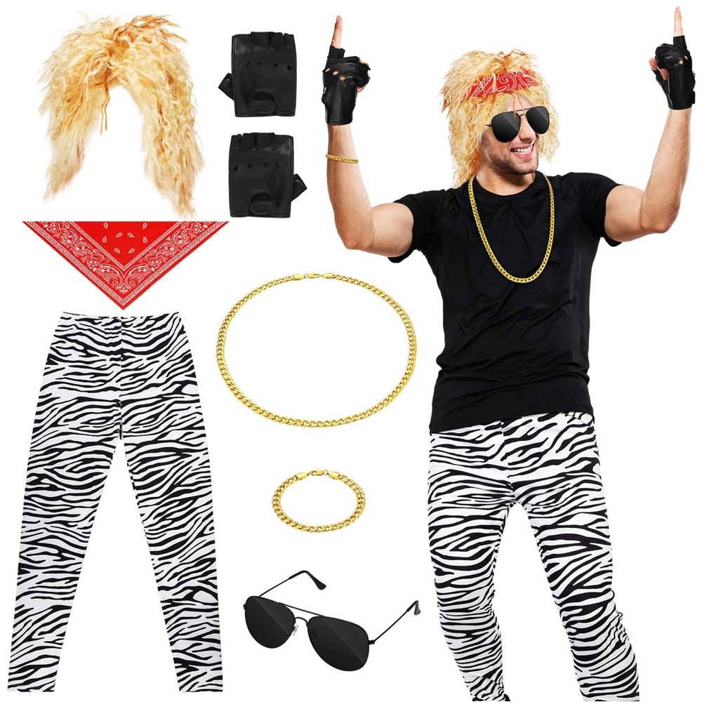 NWT Mepase 7PC Men’s 80s Rock Star Costume Set Wig Pants Gloves XL